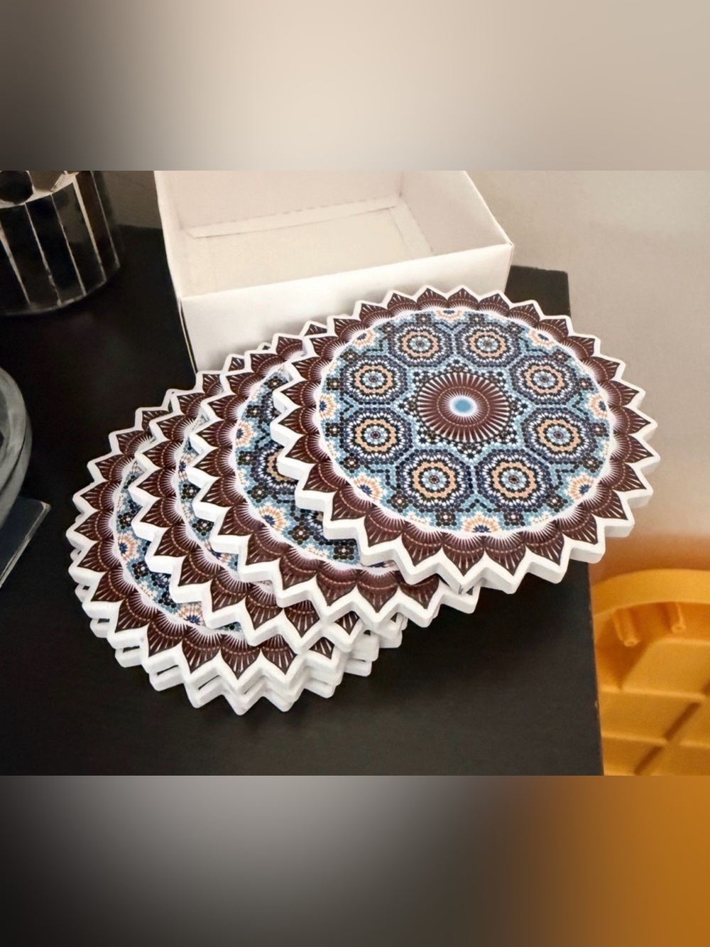 Set of Decorative Mandala Coasters in Blue and Brown